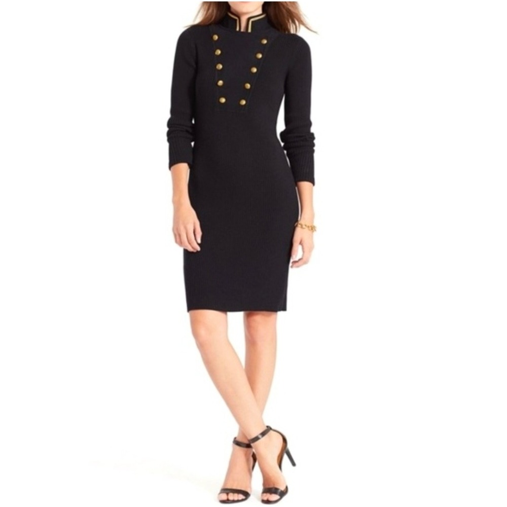 Lauren Ralph Lauren Black Ribbed Military Button Mock Neck Sweater Dress Large